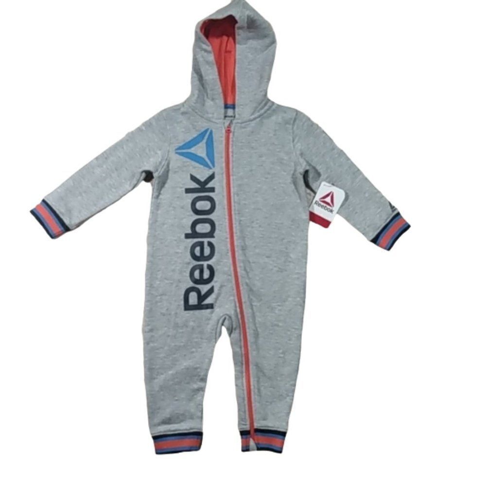 Reebok Gray Fleece Long Sleeve Hooded Romper Baby Boy Size 18M NWT